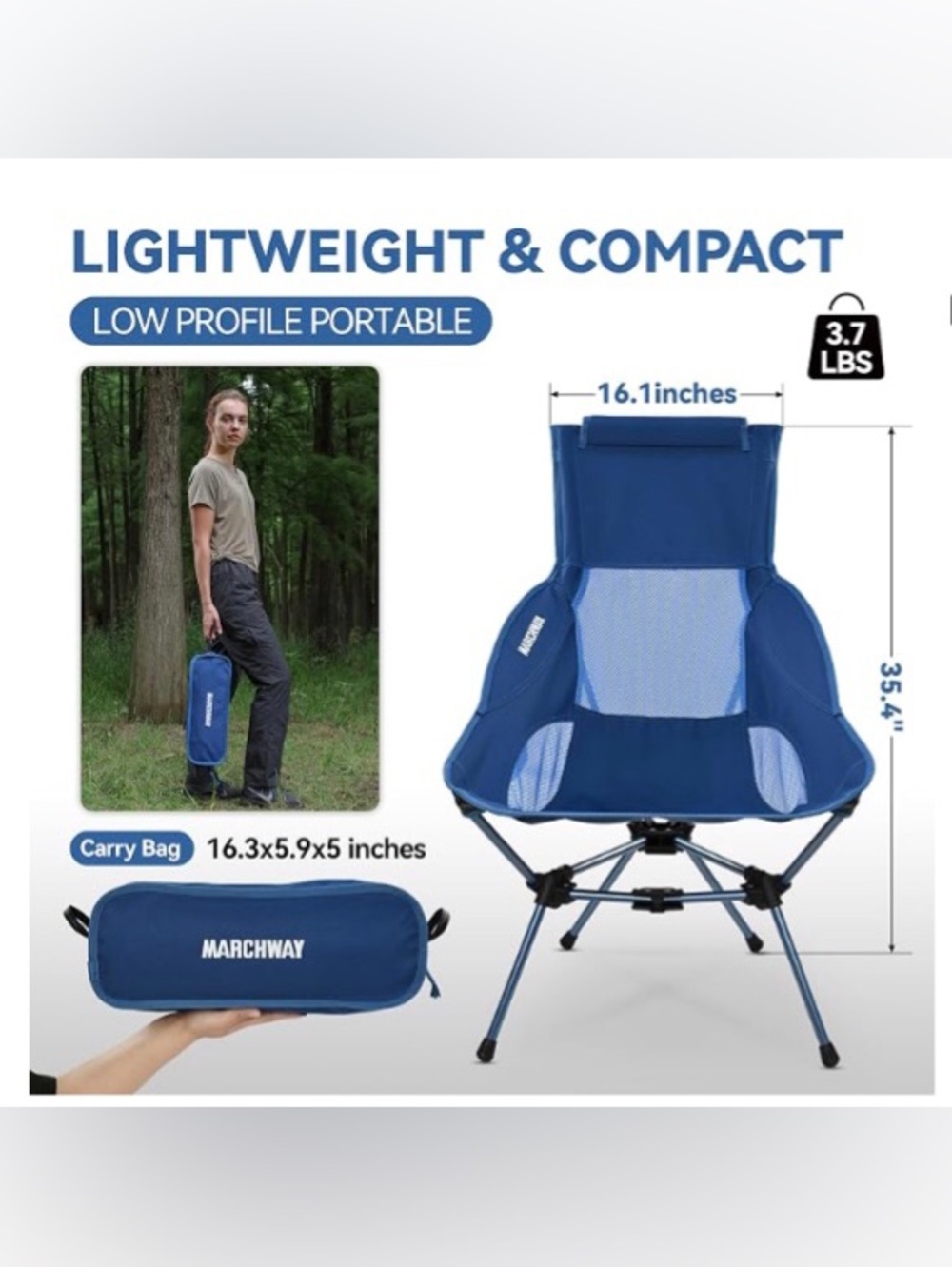 MARCHWAY Lightweight Folding High Back Camping Chair with Head Support